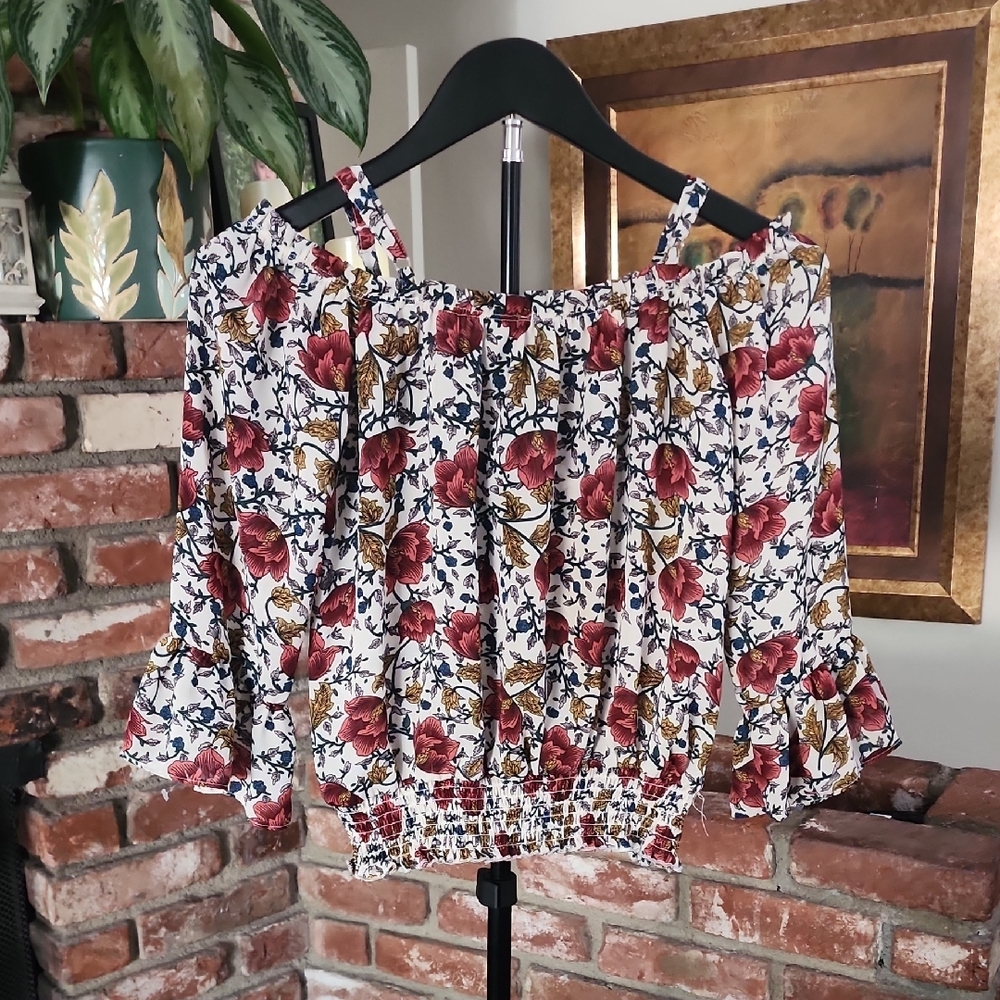Papermoon Red White Floral Off Shoulder Smocked Blouse Boho - Picture 5 of 9
